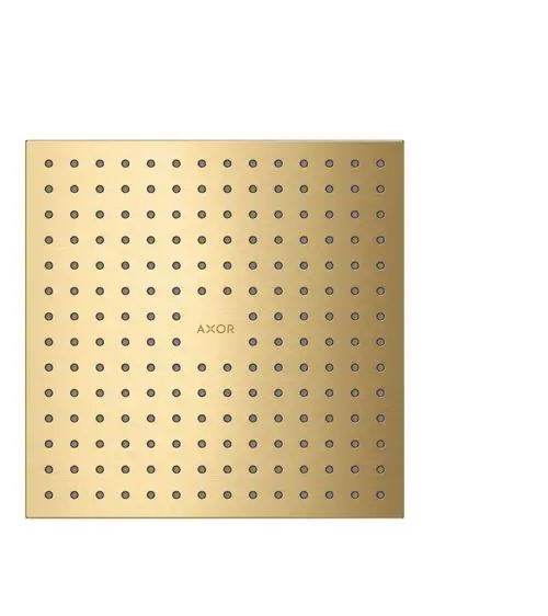 Quadratische Duschkopfplatte in gebürsteter Goldoptik mit gleichmäßig verteilten Düsen, ausgestattet mit dem Logo der Marke AXOR.